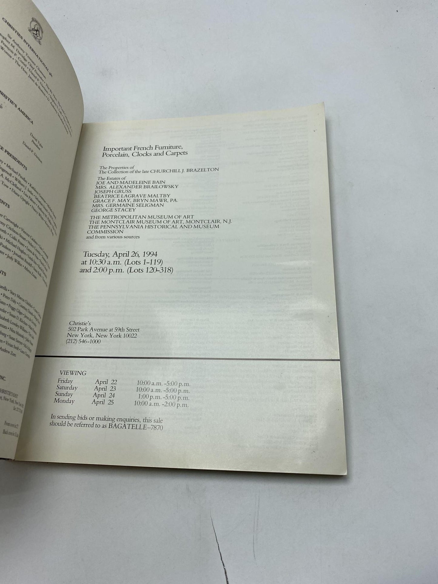 Christie's #7870: Important French Furniture, Porcelain, Clocks and Carpets. Tuesday, April 26, 1994 New York