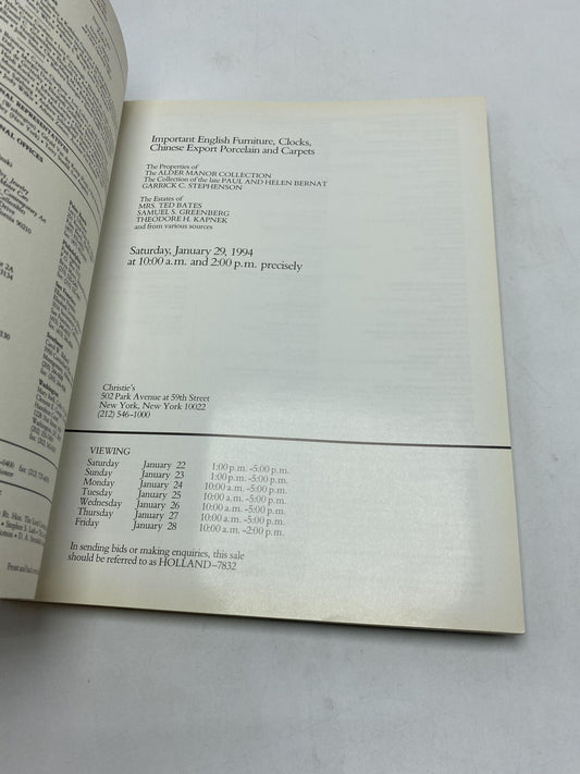 Christie's #7832: Important English Furniture, Clocks, Chinese Export Porcelain and Carpets. Saturday, January 29, 1994 New York