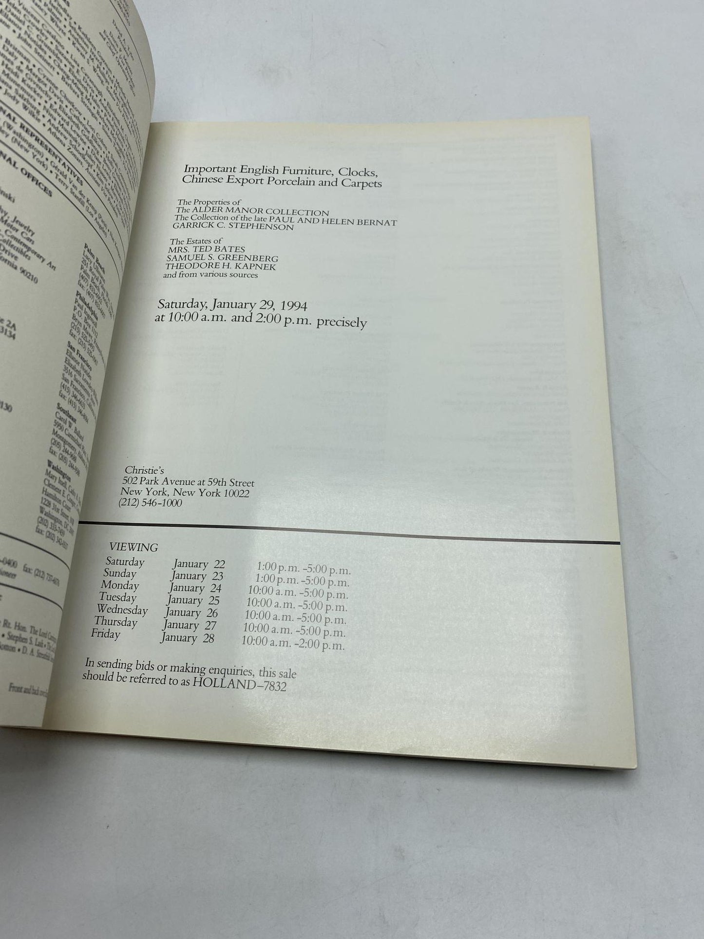 Christie's #7832: Important English Furniture, Clocks, Chinese Export Porcelain and Carpets. Saturday, January 29, 1994 New York