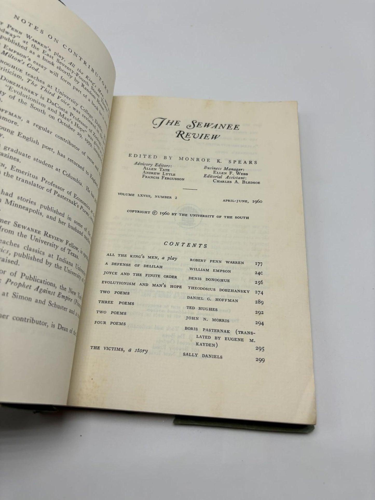 The Sewanee Review, Spring 1960. Contains "Complete Text of the Play All the King's Men" By Robert Penn Warren.