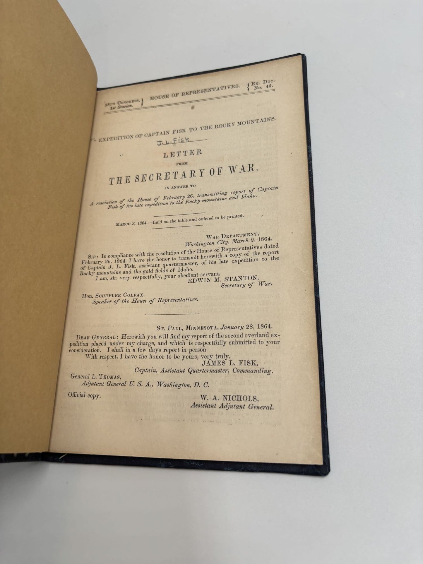 Expedition Of Captain Fisk To The Rocky Mountains: Letter From The Secretary Of War, In Answer To A Resolution Of The House Of February 26, Transmitting Report Of Captain Fisk Of His Late Expedition To The Rocky Mountains And Idaho