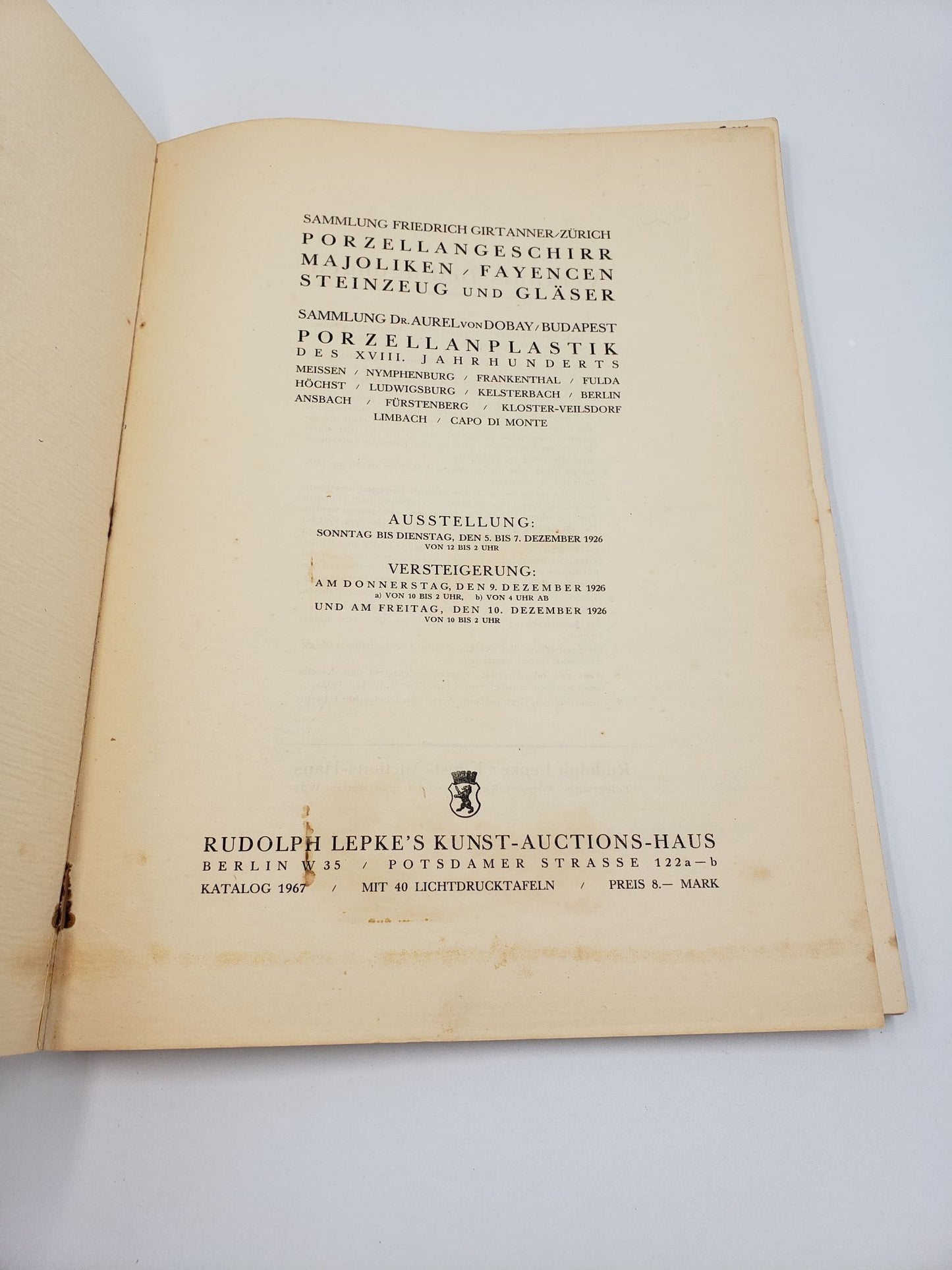Keramische Sammlungen: Friedrich Girtanner, Zürich - Dr. Aurel von Dobay, Budapest