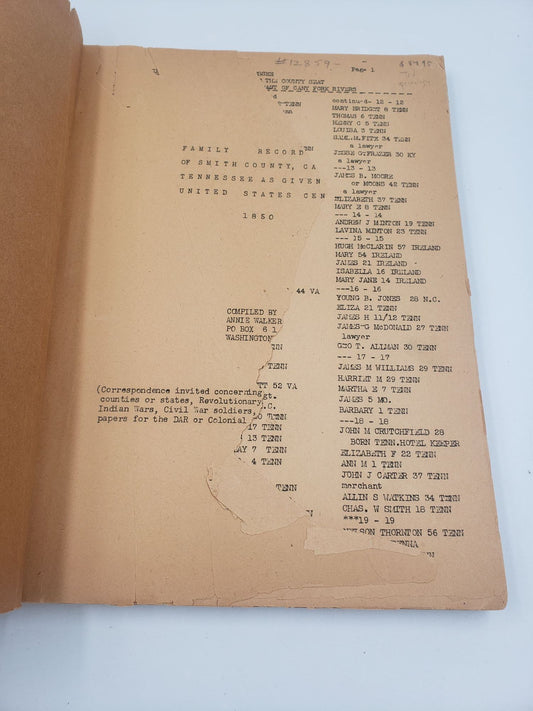 Family Records of Smith County, Carthage Tennessee As Given The United States Census Taker 1850
