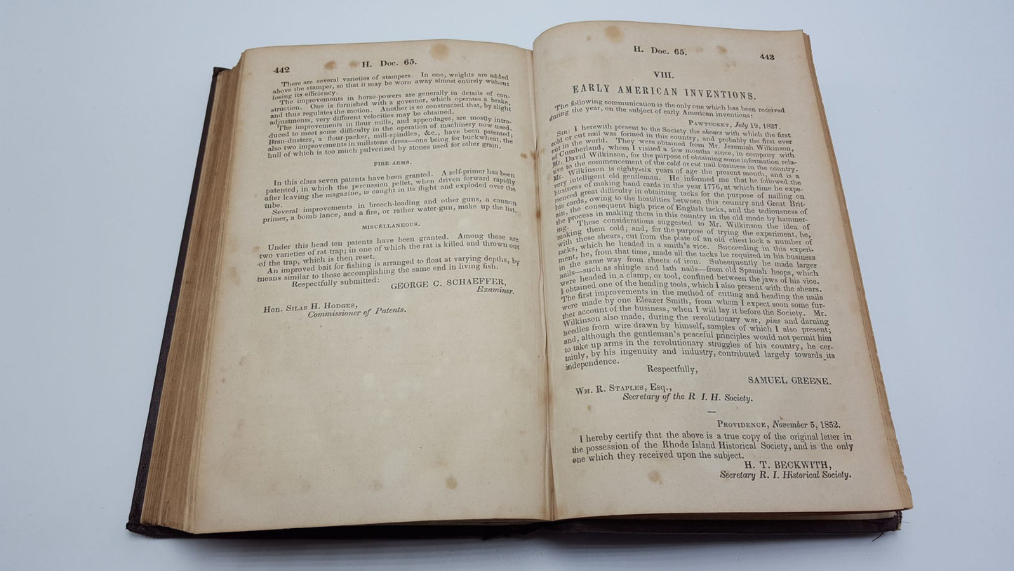 Report Of The Commissioner Of Patents For The Year 1852 Parts 1 & 2