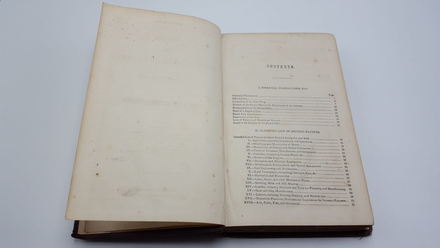 Report Of The Commissioner Of Patents For The Year 1852 Parts 1 & 2
