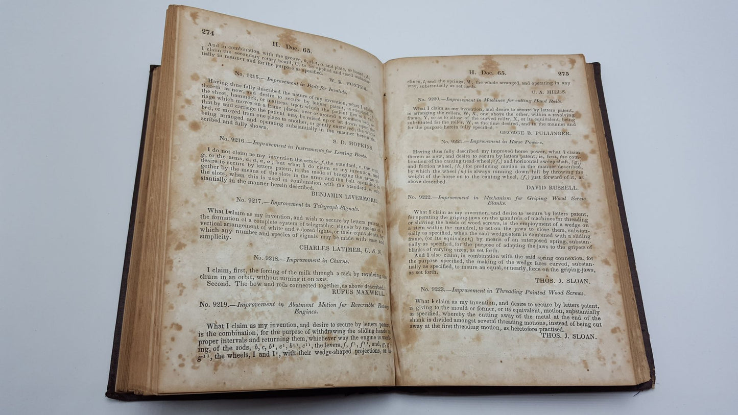 Report Of The Commissioner Of Patents For The Year 1852 Parts 1 & 2