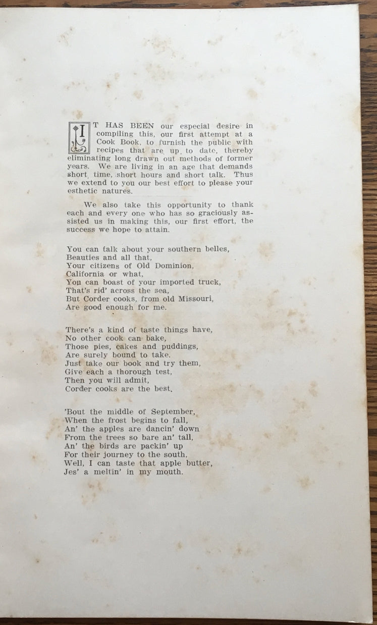 Corder Cook Book: Proved Recipes, Collected and Arranged by the Ladies of the Presbyterian Church, Corder, Missouri