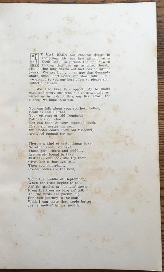 Corder Cook Book: Proved Recipes, Collected and Arranged by the Ladies of the Presbyterian Church, Corder, Missouri