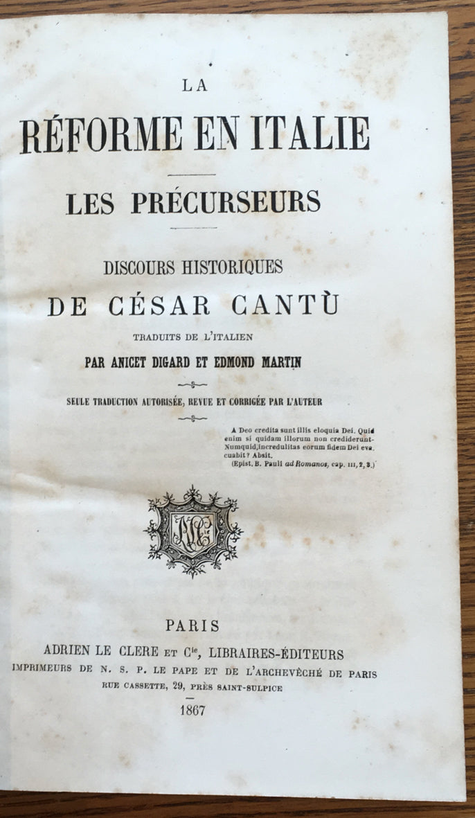 Le Reforme en Italie: Les Precurseurs, Discours Historiques